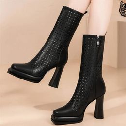 Boots 2024 High Top Gladiator Sandals Women Genuine Leather Heel Ankle Female Summer Square Toe Platform Pumps Casual Shoes