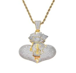 hip hop money bag diamonds pendant necklaces for men women luxury designer dollar pendants 18k gold plated copper zircons necklace5491706