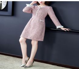 New design women039s OL long sleeve vneck tweed woolen slim waist aline dress autumn spring dress plus size SMLXLXXL4081997