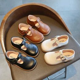 Flat shoes Kids T Strap Leather Shoes Girls Princess Boys Breathable Flats Mary Janes Black Brown Child Baby Toddlers Spring Autumn H240504