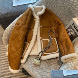 Womens Wool Blends Winter Coats Women Thick Sheepskin Coat Faux Lamb Fur Leather Jacket Motorcycle Streewear Loose Retro Drop Delivery Dhsqg