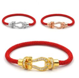 Women's Luxury Designer Couple Bracelet Classic Red Rope Horseshoe Bracelets Rose Gold Full Diamond Encrusted Leather String bracelets