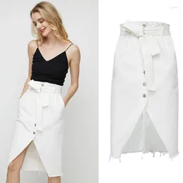 Skirts Denim Jeans Skirt Asymmetric Women Elegant Belts Lace Up Single Breasted Wrap Midi Slit High Waist Summer White Street