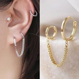 Hoop Earrings 1pcs Simple Stainless Steel Double Ear Hole Long Chain Earring For Women Jewellery Accessories Gift Wholesale