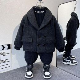 Clothing Sets Winter Kids Childents Loose Thick Warm Coat Plus Velvet Dark Grey Jacket Pants 2Pcs Baby Boys Casual Gentleman Suit