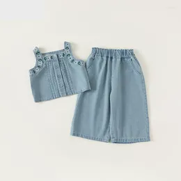 Clothing Sets Kids Clothes Girl Summer Cotton Embroidery Sling Short Tops Solid Hight Waist Loose Pants 2pcs Fashion Denim