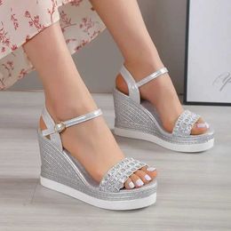 Sandals Womens Wedge Rhinestone Buckle Ladies High Heel Shoe Peep-toe Roman Style Outdoor Comfort Lightness Women Pumps H240504 2JLU