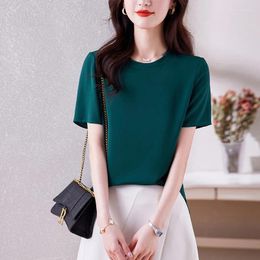 Women's Blouses 2024 Summer Blouse Women Solid O-neck Ice Silk T-shirt Luxury Side Button Small Slit Fashion Short Sleeve Tops