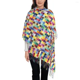Scarves Geo Print Scarf Female Colorful Checkered Head With Long Tassel Winter Y2k Cool Shawl Wraps Warm Soft Custom Bandana