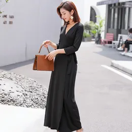 Casual Dresses Stylish Solid Colour Slimming Elegant Black One-Piece Maxi Dress With Open Front Waist Belt For Effect Women