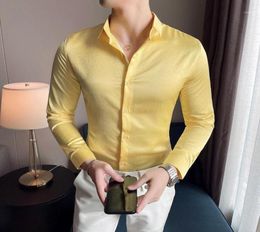 Men039s Casual Shirts Four Season British Men Yellow Solid Colour Long Sleeve Shirt Slim Dark Green Camisa Social Masculina Blac9242925