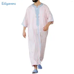 Ethnic Clothing Men'S Short-Sleeved Muslim Arabic Retro Style V-Neck Patchwork Printed Jumpsuits Robe Islamic