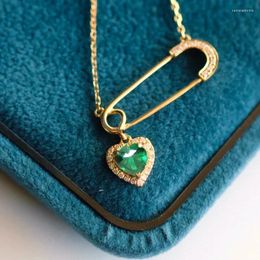 Chains Green Gemstone Heart Shaped Pin Necklaces Light Luxurious Design Sense S925 Silver Fashion Clavicle Chain Jewellery