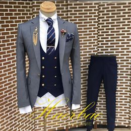 Men's Suits Suit Business Jacket Dark Grey Navy Blue Vest Pants 3-Piece Set Slim Fit Wedding Tuxedo For Men