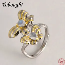 Cluster Rings S925 Sterling Silver For Women Fashion Contrast Coloured Flowers Inlaid Moonstone Simple Punk Jewellery
