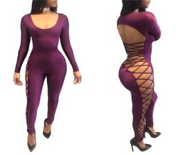 Whole 2017 Sexy Bandage Bodycon Jumpsuit Women Rompers Hollow Out Backless Party Club Jumpsuit Long Sleeve Skinny Full Length7456705