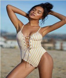 2018 yellow striped triangular bikini swimwear sexy backless strap onepiece swimsuit female bikini1232121