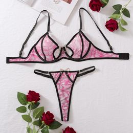 Bras Sets Sexy Lingerie Woman Lace Transparent Underwear Set Pink Butterfly Contrast Hollow Out Bra Thong Panty Two-piece Erotic