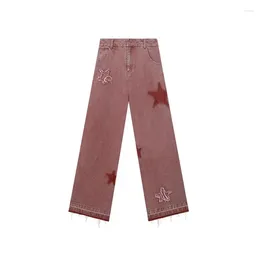 Women's Jeans Splicing Pink Baggy Women High Waisted Y2K Fashion Design Patchwork Tassel Denim Pants Streetwear Wide Leg Trousers