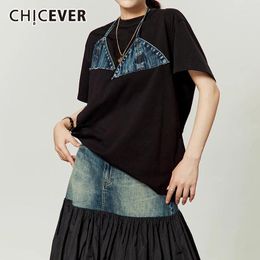Women's T Shirts CHICEVER Patchwork Denim Colorblock Shirt For Women Round Neck Short Sleeve Spliced Lace Up Casual Fashion Female