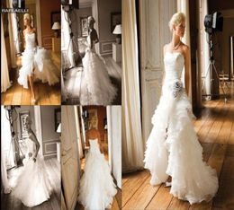 Ivory Organza Wedding Dresses High Low Strapless Flowers Ruffles Short Front Long Back Bridal Gowns Custom Made W451 Flowers9913430