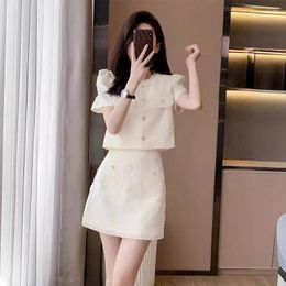 Work Dresses Apricot Coloured Women's Tweed Short Sleeved Jacket Skirt 2 Pcs Set Summer Age Reducing Small Fragrance Fashion