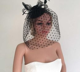 Wedding Fascinator Hat for Bride Bridesmaid Black Mesh Floral Veil with Dots Ostrich Feather Fascinator Jewelled Headband Pearls 7886464