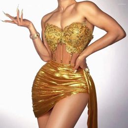 Stage Wear Sparkly Gold Rhinestones Short Dress Women Sexy Mesh See Through Party Celebrate Birthday Pography