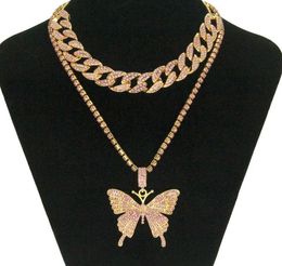Hip Hop Iced Out Rhinestone Big Butterfly Pendant Necklace Cuban Chain Set for Women Statment Bling Crystal Animal Choker Jewelry7749708