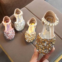 Flatskor Summer Girls Shoes Bead Mary Janes Flats Fling Princess Baby Dance Kids Sandaler Children Wedding Gold H240504