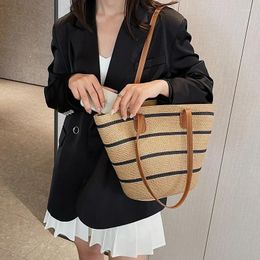 Shoulder Bags Summer Patchwork Straw Woven Women's Tote Bag 2024 High Quality Sewing Thread Zipper Large Capacity Beach Party