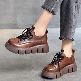 Casual Shoes Platform Derby Women Genuine Cow Leather Round Toe Slip On Cross-Tied Design Female Chunky Shoe Handmade Zapatos De Mujer