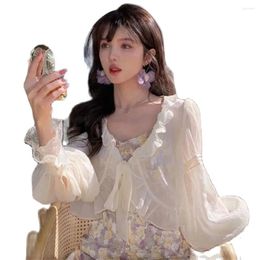 Women's Knits Korean All-match Cardigan Women Daily Summer Sunproof Cropped Sweet White Apricot Cute Top Lace Up Elegant Shrug