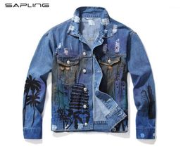 High Quality Men039s Loose Coconut Palm Printed Jean Jacket Fashion Holes Ripped Male Denim Coat Letters Painted Mens Outerwear1964310