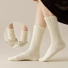 Women Socks Loose Crochet Knitted Long Casual Cotton Warm Cuffs Ruffles Solid Colour Elastic Middle Tube Girls