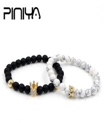 Charm Bracelets Fashion 2PcsSet Natural Pave CZ King Crown Bangle Bracelet Lava Howlite Stone Beads Couple Stretch Mala Braclet S6286903