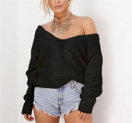 Women Sexy VNeck Oversize Off Shoulder Sweater Jumper Hollow Soft Warm Knitted Open Front Tops Long Sleeve Solid Color Knitwear Y6283963