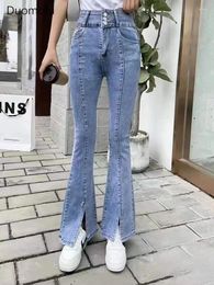 Women's Jeans Duomofu Light Blue Chic Split Classic Flare Female Korean High Waist Slim Simple Full Length Fashion S-2XL Women