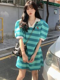 Party Dresses Onalippa Puff Short Sleeves Casual Mini Dress Turn Down Collar Contrast Long T Shirt Korean Fashion Chic Design A Line