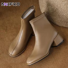 Boots Thick-heeled Soft Leather Short Women's Winter Plus Velvet Autumn Mid-heel Small Thin Ins Tide Vc5063