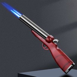 Wood Grain Double Barrel Shotgun Lighter Dual Blue Flame Gun Lighter For Cigarette