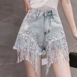 Women's Shorts WomenS Jeans Fashion Casual Solid Color High Waisted Diamond dded Heavy Tassel A Word Wide Leg Hot Pants Hipster Shorts Y240504