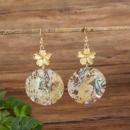 Dangle Earrings Hawaiian Design Natural Abolone Shell Round Disc With Plumeria Flower Mother Of Pearl Jewellery