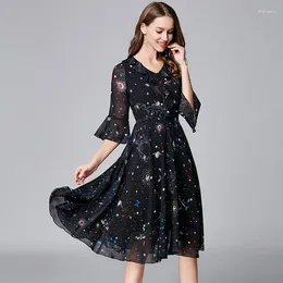 Party Dresses Summer Chiffon Floral Dress Korean Fashion Black Chic And Elegant Loose 2024 Women's Clothing