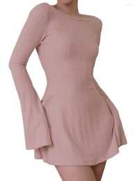 Casual Dresses Women Bodycon Long Sleeve Mini T Shirts Sexy Elegant Ribbed Backless A-Line Short Dress For Party Club