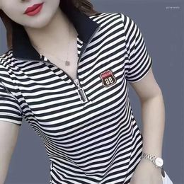 Women's Polos Polo Shirts Striped Baggy T-shirts Clothing Trend 2024 Offer Female Tee Pulovers Korean Style Pretty