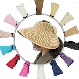 Berets Summer Straw Hat For Women Foldable Wide Large Brim Bowknot Visors Travel Sun Chapeau Femme Beach UV Protection Caps