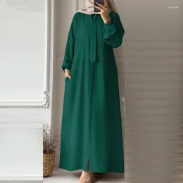 Ethnic Clothing 2024 Muslim Women's Fashion Bow Tie Flip Collar Solid Color Long Sleeved Shirt Sun Skirt Pocket Loose Cardigan Dress