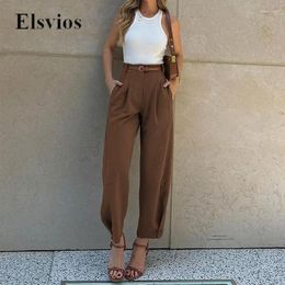 Women's Pants Spring Autumn Vintage Solid Office Suit Women Fashion High Waist Trousers Pocket Casual Pleat Loose Bloomers