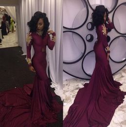 Burgundy Long Sleeves Prom Dresses Mermaid High Neck with Gold Applique Chapel Train 2019 Black Girl 2k16 Evening Gowns Pageant Pa3215890